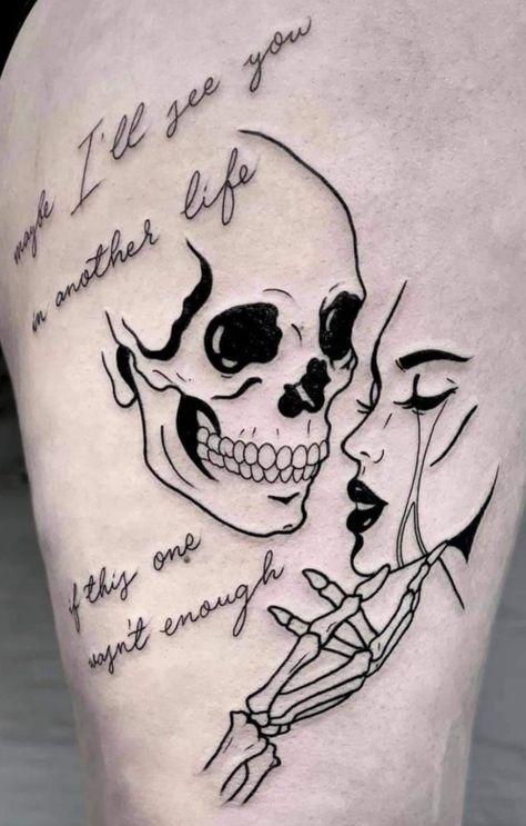 Two Skulls Tattoo Love, His Her Skull Tattoo, Star And Skull Tattoos, Skeleton Lovers Tattoo Beautiful, Reaper Tattoo Women, Heart With Skulls Inside Tattoo, Matting Tattoos, Dark Couple Tattoo Ideas, Dark Love Tattoo Ideas