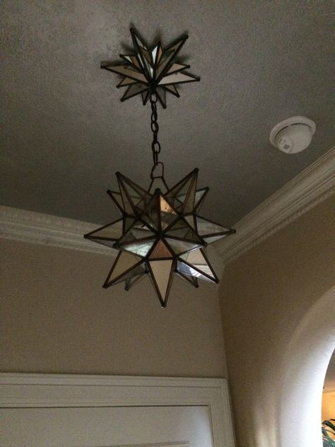 Moravian star with antique mirror  see ebay store moravian star  randybell2118 Monrovian Star Light, Star Light Fixture, Moravian Star Light, Cowboy Home Decor, Gothic Homes, Boho Rocker, Moravian Star, Pretty Furniture, Reading Area