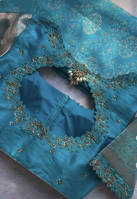 Butta Blouse Work Designs, Blue Pattu Saree Blouse Designs, Light Blue Blouse Designs, Butta Hands For Blouses, Aari Motif, Blue Work Blouse, Daughter Songs, Saree Jacket Designs, Blue Blouse Designs