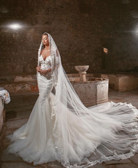 Long Wedding Train And Veil, Long Train Wedding Dress Cathedral Veils, Fairytale Dress Wedding, Blonde Lingerie, Glitzy Wedding, Italy Wedding Dress, Wedding Dress Traditional, Extravagant Wedding Dresses, Marriage Ideas