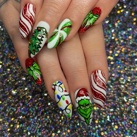 Gorgeous 60 Christmas Nail Designs Trends 2023 December Dreams 2023 | Christmas Nails Short Simple Grinch Nails Acrylic, Grinch Fingernails, Grinch Nails Step By Step, Whoville Nails, Grinch Acrylic Nails, Easy Grinch Nails, Grinch Inspired Nails, The Grinch Nail Art, Crazy Christmas Nails