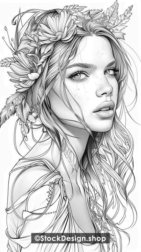 COLORING PAGES BOHO GIRLS | Patreon Women Tattoo Designs Drawings, Woman Tattoo Drawing, Women Face Tattoo, Female Face Tattoo, Woman Portrait Tattoo, Woman Face Tattoo, Woman Face Drawing, Face Tattoos For Women, Tattoo Portrait