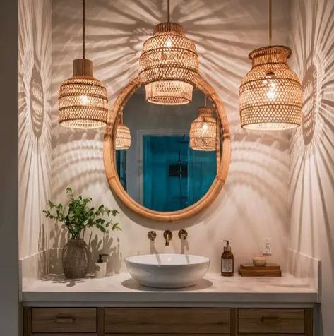 10 Creative Bathroom Pendant Lighting Ideas You’ll Love 5 Bathtub Pendant Light, Bathroom Pendant Lights Over Vanity, Light Over Tub, Rattan Light Fixture, Above Sink, Bathroom Ambiance, Pendant Lighting Ideas, Bohemian Bathroom, Rustic Pendant Lighting