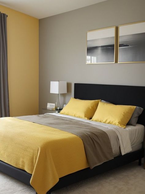 Bed Accent Wall, Mustard And Grey Bedroom, Mustard Yellow Bedroom, Painting An Accent Wall, Platform Bed Modern, Yellow Gray Bedroom, Mustard Yellow Bedrooms, Mustard And Grey, Accent Wall Paint