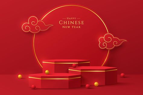 Realistic red, gold 3D hexagon pedestal podium set with circle ring scene. Minimal scene for chinese new year. Stage showcase, Promotion products mockup display. Vector abstract room, geometric forms. Chinese New Year Promotion, 3d Hexagon, Abstract Room, Ad Ideas, Geometric Forms, Gold Sign, Geometric Form, Happy Chinese New Year, Circle Ring