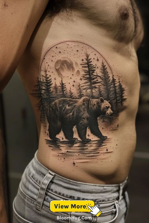 This tattoo features a bear with a large claw print, inked along the ribs. The design symbolizes power and resilience, perfect for men who want a bold yet meaningful tattoo. Bear Tattoos For Men Back, Bear With Salmon Tattoo, Bear Tattoos For Men, Tattoo For Men Ideas, Salmon Tattoo, Rib Tattoo Ideas, Black Bear Tattoo, Rib Tattoos For Guys, Bear Tattoo Designs