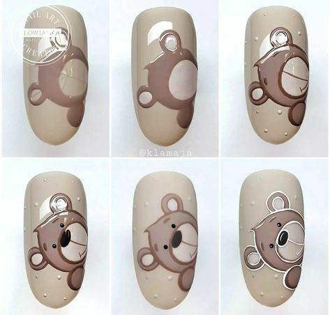 Drawing On Nails Step By Step, Teddy Bear Nail Art Step By Step, Simple Cartoon Nail Designs, Nail Art Bear, Bear Nails Designs, Cute Bear Nails, Nail Art Step By Step, Animal Print Nail Art, Ongles Beiges