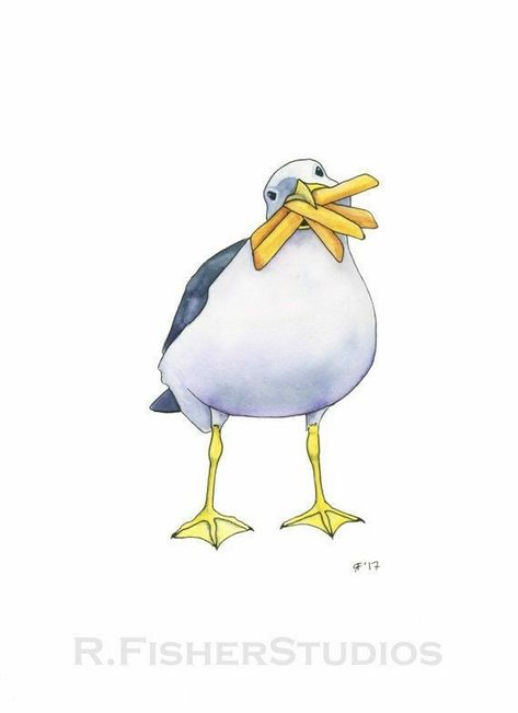 Seagull Illustration, Seagull Tattoo, Seagull Art, Beach Birds, French Fry, 1 Tattoo, Funny Food, Funny Birds, Bird Drawings