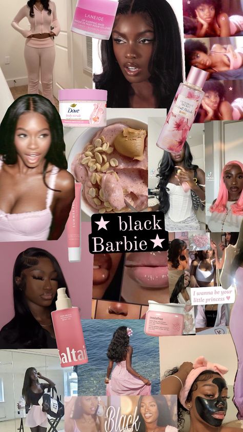 from blush pink clothing and gym wear, to baby pink smoothie bowls and even rose, strawberry and candy scented products, the Black Barbie immerses herself into everything self care and peony coloured! Pink Black Barbie, Black Barbie Aesthetic, Rose Strawberry, Pink Smoothie, Peony Colors, Barbie Aesthetic, Pink Clothing, Vision Board Photos, Smoothie Bowls