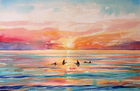 Surfer Painting, Sunset Beaches, Surfer Art, Surf Painting, Tropical Painting, Watercolor Kit, Watching The Sunset, Watercolor Sunset, Nature Drawing