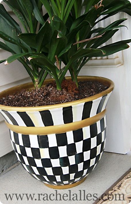 patio decor in black and white | Black and White Painted Planter Mackenzie Childs Diy, Painted Planter, Mackenzie Childs Inspired, Mckenzie And Childs, Painted Clay Pots, Courtly Check, Painted Flower Pots, White Planters, Diy Decorating