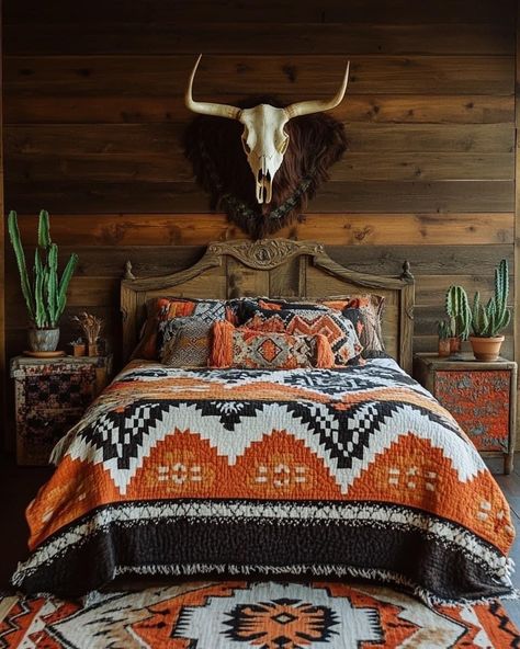 Husband And Wife Bedroom Ideas, Husband And Wife Bedroom, Western Boho Decor, Aztec Bedroom, Western Bedding Sets, Ranch Furniture, Country Bedroom Decor, Ranch House Decor, Western Bedroom Decor