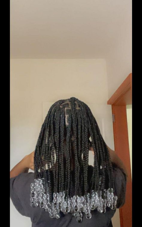 Black Braids With Clear Beads, Box Braids Clear Beads, Shoulder Length Knotless With Beads, Short Braids With Clear Beads, Braids Clear Beads, Short Box Braids Hairstyles Shoulder Length With Beads, Short Braids Beads, Braids With White Beads, Clear Beads On Braids