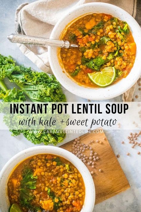 Instant Pot lentil soup is a vegetarian, budget-friendly soup recipe that has the added goodness of sweet potato and kale. Serve it at lunch or dinner for a comforting meal that is nutritious, delicious and satisfying. Vegan and gluten-free. #instantpotlentilsoup #instantpotkalesoup #instantpotsweetpotatosoup #instantpotkaleandsweetpotato #instantpotlentilrn Lentil Soup With Kale, Wfpb Soup, Instant Pot Lentil Soup, Sweet Potato And Kale, Sweet Potato Lentil Soup, Soup With Kale, Healthy Veggie, Pressure Pot, Easy Recipes For Beginners