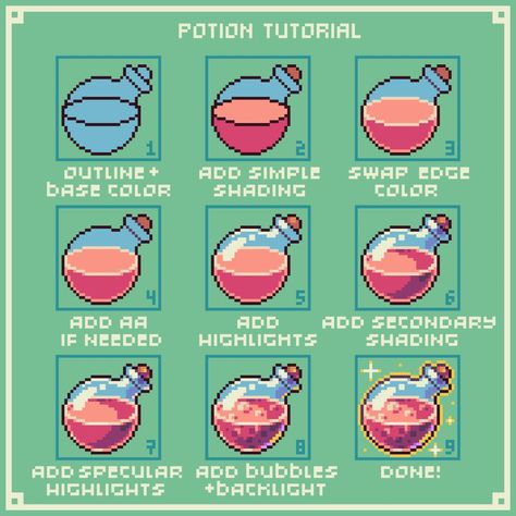 Pixel Art Guide, Potion Tutorial, Pixel Art Study, Pixel Potion, Pixel Art Potion, Pixel Map, How To Pixel Art, Game Map, Pixel Game