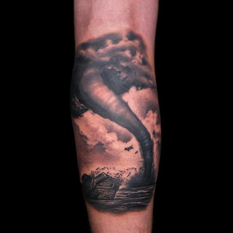 Tornado Tattoo by Jordi Pla Tornado Tattoo Sleeve, Tornado Tattoo Ideas, Storm Tattoo Thunderstorms, Storm Tattoo Men, Weather Tattoo, Disaster Tattoo, Tornado Tattoo, Chaos Tattoo, Wood Tattoo