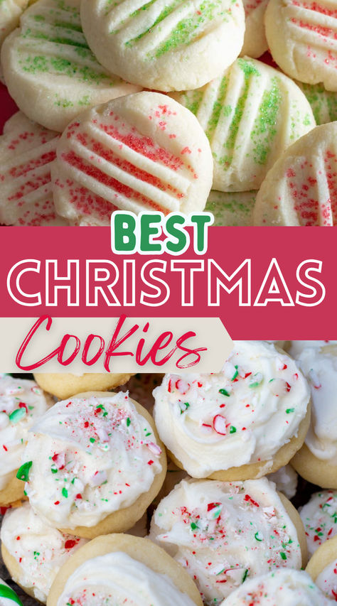 Photo collage of Christmas cookies with text overlay. Christmas Meltaway Cookies, Easy Homemade Christmas Cookies, Shortbread Meltaways, Peppermint Meltaway Cookies, Peppermint Meltaways, Christmas Dessert Tray, Melting Moments Cookies, Xmas Cookies Recipes, Favorite Christmas Cookies