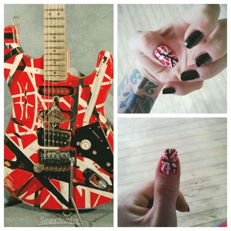 My Van Halen/ Frankenstrat nail art Van Halen Frankenstrat, Guitar Nails, Eddie Van Halen Guitar, Van Halen Guitar, Egyptian Men, Eddie Van Halen, Glamorous Nails, Van Halen, How To Do Nails