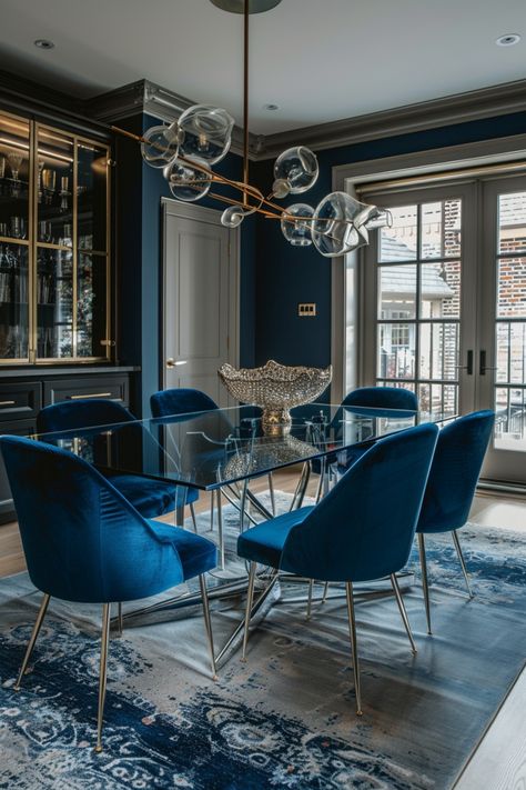 From formal elegance for hosting to cozy settings for family meals, these dining room ideas cater to every style. See more here. Royal Blue Dining Room Chairs, Blue Dining Room Inspiration, Large Dining Room Decor, French Blue Dining Room, Blue Gold Dining Room, Blue Dining Room Ideas, Teal Dining Room, Navy Dining Room, Dining Room Teal