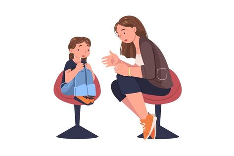 Mother Talking to Her Sad Daughter Sitting on Chair Supporting and Soothing Her Vector Illustration. Young Parent Engaged in Conversation and Communication with His Kid Concept Mother And Daughter Talking, Muhammad Ali Wallpaper, Ali Wallpaper, Parenting Illustration, Family Conversation, Shower Pics, Young Parents, Sculpture Techniques, Kids Talking