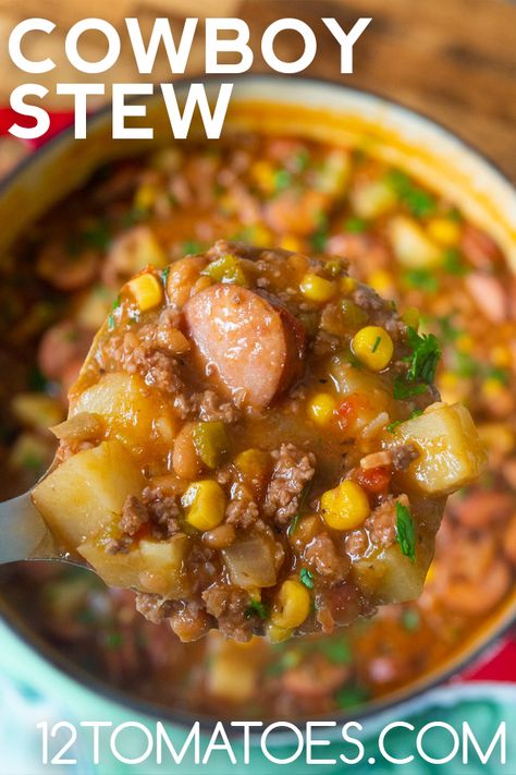 Cowboy Stew?utm_source=12tomatoes Cowboy Stew, 12 Tomatoes Recipes, Pot Pies, 12 Tomatoes, Savory Soups, Soup And Stew, Stew Recipe, Soup And Sandwich, Beef Dishes