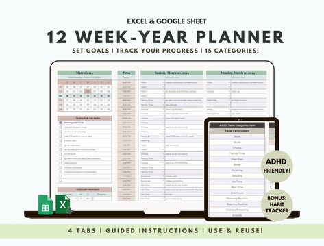 12-Week Year Goal Planner in Google Sheets to help you achieve your goals. Includes quarterly goals tracker and 90-day to-do list. Perfect for people with Excel Spreadsheets Design, Time Blocking Template, Quarterly Planning, 12 Week Year, Quarterly Goals, Goals Planning, Calendar Layout, Etsy Inspiration, Progress Monitoring