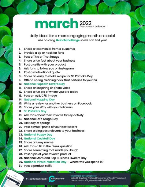 March Facebook Engagement Posts, March Engagement Posts, March Marketing Ideas, March Instagram Posts, March Content Ideas, Social Media Marketing Calendar, May Content Calendar, Social Media Post Calendar Business, March Social Media Content