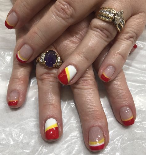 KC Chiefs Nail Design Short Football Nails, Kc Nails, Kanas City Chiefs Nails, Chiefs Nails Design Kansas City, Kansas City Chiefs Nail Designs, Super Bowl Nails Chiefs, Kc Royals Nails, Kansas City Chiefs Nails Designs, Kansas City Chiefs Nails