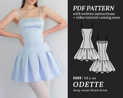 Odette Drop Waist Mini Dress PDF Sewing Pattern - US Sizes 2-20 - PDF Instant Download with Instructions & Video Tutorial Sewing Pattern For Beginners, Diy Clothes Patterns, Upcycle Clothes Diy, Fashion Sewing Tutorials, Skirt Patterns Sewing, Sewing Skirts, Sewing Design, Diy Sewing Clothes, Clothes Sewing Patterns