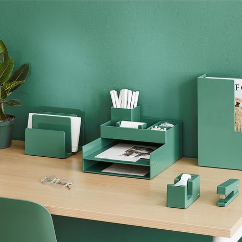 Green Office Supplies, Paper Clutter Organization, Storage Organizers, Green Office, Paper Clutter, Letter Tray, Tape Dispenser, The Container Store, Paper Storage