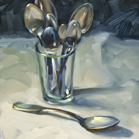 Sara Qualey   OIL Food Paintings, Art Beat, Contemporary Impressionism, Food Painting, Daily Painting, Painting Still Life, Still Life Art, Silver Spoons, Art Themes