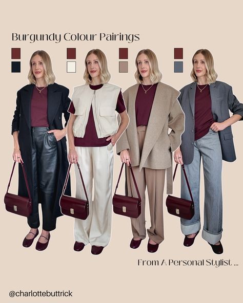 BURGUNDY COMBINATIONS 🍇🤍🍷👉🏼 Try these 6 classic burgundy outfit colour combinations & you will look effortlessly chic this autumn 🍂✨👏🏼 Burgundy Combination Colors, Burgundy Colour Combinations, Outfit Colour Combinations, Burgundy Outfit, Color Combos Outfit, Color Combinations For Clothes, Colour Combinations, Outfit Combinations, Casual Winter Outfits