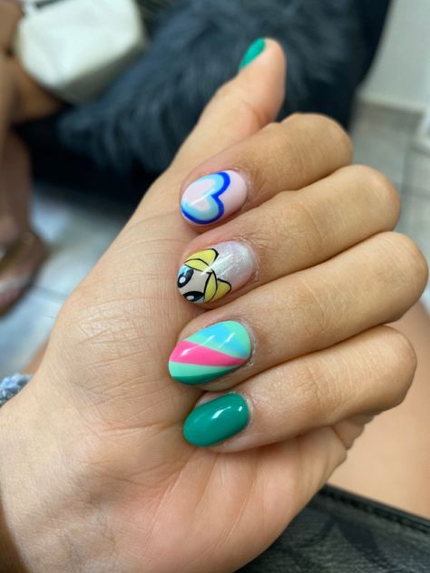 Bubbles Nails Powerpuff, Powerpuff Nails, Bubbles Powerpuff, Power Puff Girls Bubbles, Bubble Nails, Retro Heart, Gel Mani, Nails Inspo, Powerpuff Girls