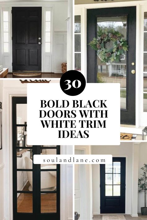 The boldness of black doors serves as a powerful design element, especially when framed by the purity of white trim, offering a visually captivating contrast. In open-concept homes, black pocket doors with white trim can add a sleek, hidden charm, while bi-fold or sliding black doors create functional art pieces. For a cohesive look, match the black doors with other black accents like stair railings or light fixtures. Soften the boldness with textured rugs and warm wood tones to ensure the space Black Painted Interior Doors White Trim, Black Interior Doors With White Trim, White Walls Darker Trim, Black Doors With White Trim, Black Door Trim, Modern Door Trim, Black Doors Interior, Modern Front Porches, White Baseboards