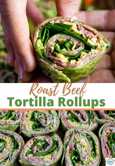 Roast Beef Tortilla Rollups, an easy lunch, snack, or appetizer made with fresh roast beef, spinach, and cheddar cheese with a flavor-packed cream cheese spread. Perfect for kids to adults. #roastbeefttortillarollups #tortillarollups #rollups #everydyeileen Easy Lunch Snacks, Easy Roast Beef, Tortilla Rollups, Roast Beef Wrap, Beef Tortilla, Italian Birthday, Tortilla Pinwheels, Pinwheel Sandwiches, Easy Roast