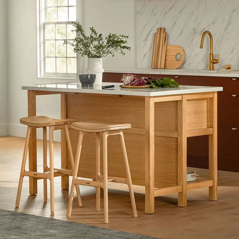 Kitchen Island Oak, Oak Counter Stool, Oak Kitchen Island, Marble Kitchen Island, Article Furniture, Kitchen Layouts, Friends Food, Modern Kitchen Island, Leather Counter Stools