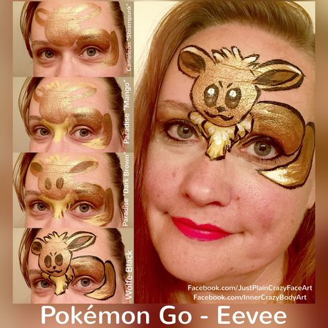 Pokémon Go- Eevee Step by Step Face paint design  Pokémon  Artist - Marie Sulcoski Eevee Face Paint, Eevee Makeup, Evee Pokemon Face Paint, Pokemon Face Paint Easy, Leafeon Makeup, Eevee Costume Makeup, Eevee Makeup Pokemon, Pokemon Faces, Easy Face Painting Designs