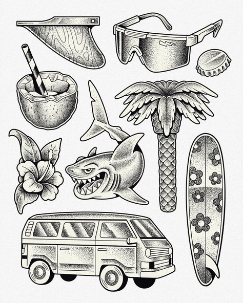 Tattoo Flash Realistic, 80s Tattoo Flash, Trad Flash, Inspo Tattoo, Surf Tattoo, Tattoo Feminina, Back Pieces, Flash Art, Tattoo Flash