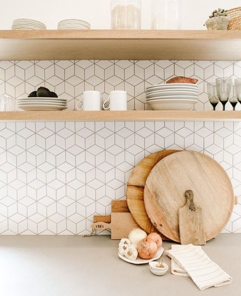 Kitchen Floating Shelves Backsplash, Diamond Tile Backsplash, Tiles Kitchen Wall, Ikea Kitchen Cabinets, Kitchen Tiles Design, Hampton House, Tiles Kitchen, Diamond Tile, Fireclay Tile