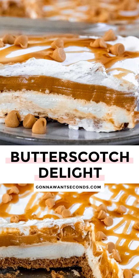 *NEW* Butterscotch delight is a wonderful layered dessert with a graham cracker crust, cheesecake layer, and butterscotch layer, then topped with a Cool whip! #butterscotchdelight #butterscotch Easy Semi Homemade Desserts, No Bake Butterscotch Bars, Texas Delight Dessert, Butterscotch Torte, Butterscotch Desert, Butterscotch Fluff, Butterscotch Lush, Butterscotch Delight, Crave Cookies