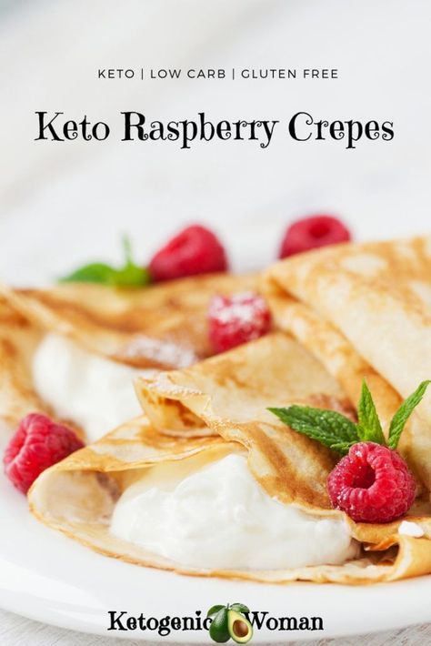 Keto Low Carb Raspberry Crepes for a great brunch or weekend breakfast! #ketorecipes #ketogenicwoman #ketodiet #lowcarbrecipes #lowcarbdiet  #ketobreakfast #cleaneatingketo  #sugarfree #glutenfree Raspberry Crepes, Keto Raspberry, Desayuno Keto, Keto Diet Benefits, Keto Pancakes, Low Carb Dessert, Low Carb Breakfast Recipes, Keto Diet Menu, Weekend Breakfast