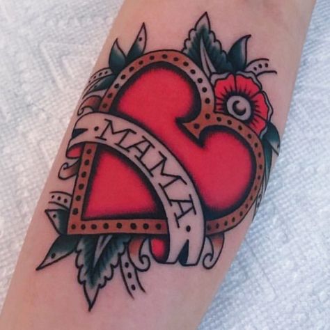 Classic Mom Tattoo, Grandma And Grandpa Tattoos, Traditional Mom Heart Tattoo, American Traditional Mom Tattoo, Mom Traditional Tattoo, Mama Tattoo Ideas, Traditional Mom Tattoo, Mama Tattoos, Traditional Heart Tattoos