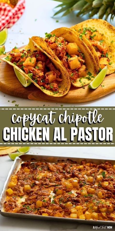 Made with juicy tender chicken, and caramelized pineapple, this easy sheet pan chicken al pastor recipe gets a flavorful meal on the table in under an hour. It is perfect for tacos, burritos and more! Crockpot El Pastor Tacos, Al Pastor Crockpot Recipes, Chipotle Chicken El Pastor Recipe, Al Pastor Chicken Recipe, El Pastor Chicken Recipe, Chicken Pastor Recipe, El Pastor Chicken, Chicken Al Pastor Tacos, Chicken El Pastor Recipe