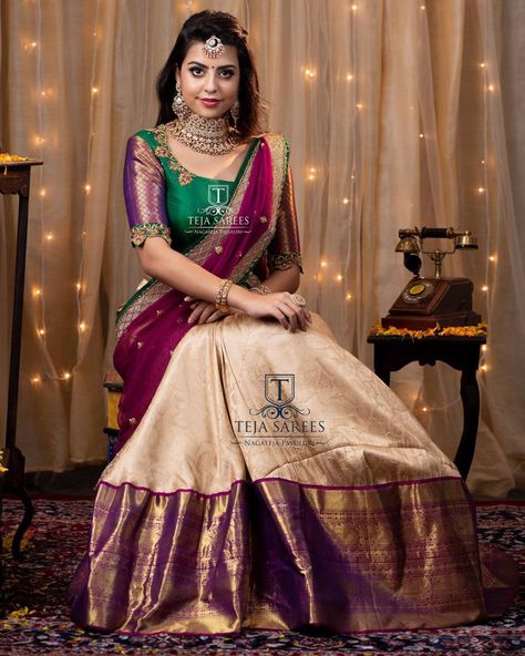 Shop Stunning Half Sarees Here! • Keep Me Stylish Sasha Singh, Wedding Half Saree, Saree Lengha, Teja Sarees, Silk Half Saree, Sari Lehenga, Jump Suits, Lehenga Saree Design, Half Saree Lehenga