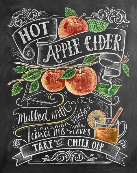 Fall Apple Cider Illustration Print Autumn Decor by LilyandVal Hot Apple Cider Recipe, Fall Apple Cider, Lily And Val, Apple Cider Recipe, Cider Recipe, Colored Chalk, Chalkboard Lettering, Chalk Lettering, Chalkboard Designs