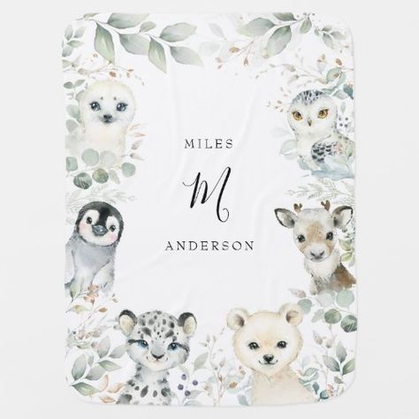 $51.35 | Winter Greenery Gold Arctic Animals Monogram Baby Blanket #watercolorgreenerygold #botanicaleucalyptusleafywreath #polarbearpenguinsealmoose #babyshowergenderneutral #wildoneforestwonderland #arcticanimals #snowyholiday #genderneutralboynursery #newbornmonogramgift #winter Neutral Boy Nursery, Gender Neutral Decor, Monogram Baby Blanket, Gender Neutral Nursery Decor, Monogram Baby, Winter Greenery, Gifts For Expecting Parents, Adorable Nursery, Cuddly Blanket