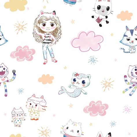 Gabby's Dollhouse Sketch Characters Peel and Stick Wallpaper by RoomMates - Bed Bath & Beyond - 39986560 Gabby Dollhouse Fabric, Gabby’s Dollhouse Cricut, Muji Aesthetic, Dj Catnip, A Casa Magica Da Gabby, Cat Dollhouse, Pandy Paws, Gabby Dollhouse, Clouds And Stars