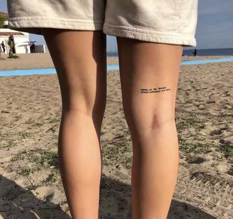 Leg Quote Tattoo, Script Tattoo Placement, Leg Tattoo Placements, Calf Tattoos For Women, Back Of Leg Tattoos, Animal Tattoo Ideas, Plant Styling, Anklet Tattoos, Writing Tattoos