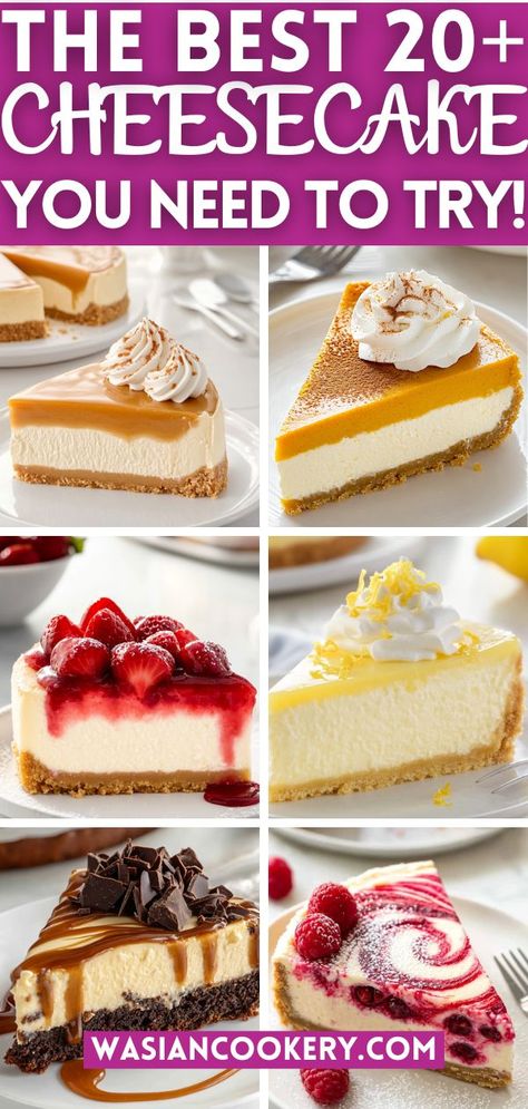 A collage featuring various types of cheesecakes, including chocolate, caramel, cinnamon, and fruit-topped slices. Toppings For Cheesecake, Cheesecake Decorating, Fun Cheesecake, Best Cheesecake Recipes, Fun Cheesecake Recipes, Homemade Cheesecake Recipes, Make Cheesecake, Crescent Roll Cheesecake, No Bake Chocolate Cheesecake