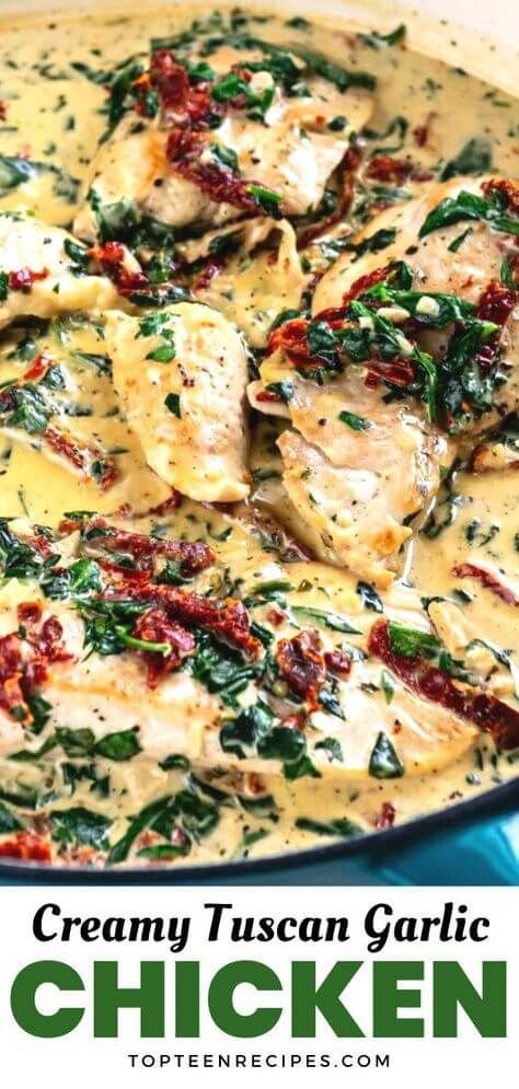 Creamy Tuscan Garlic Chicken - Top Recipes Chicken Spinach Recipes, Creamy Tuscan Chicken Recipe, Tuscan Chicken Recipe, Soup With Pasta, Sundried Tomato Chicken, Creamy Tuscan Garlic Chicken, Creamy Tuscan Chicken, Tuscan Garlic Chicken, Garlic Spinach